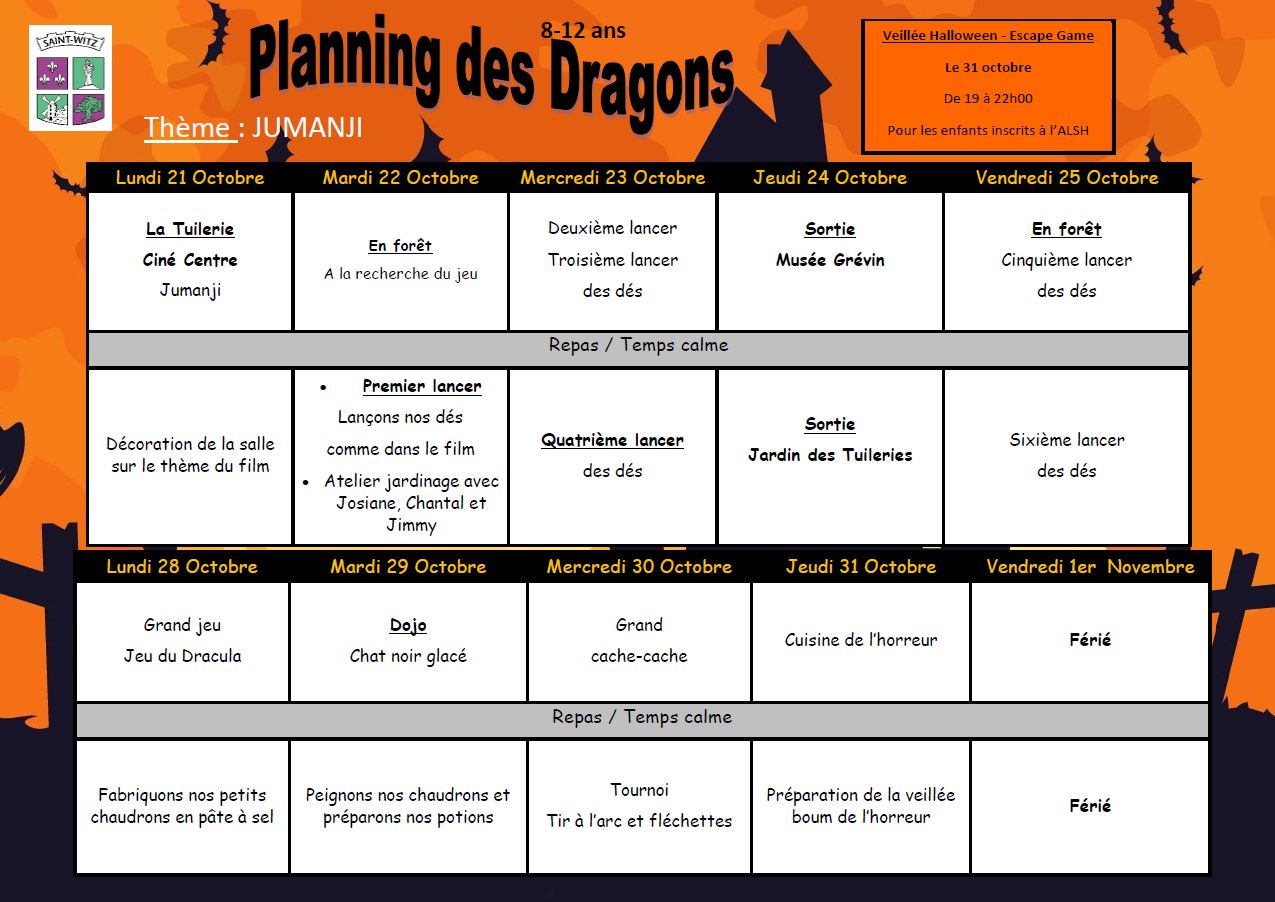 Planning des Dragons automne 19