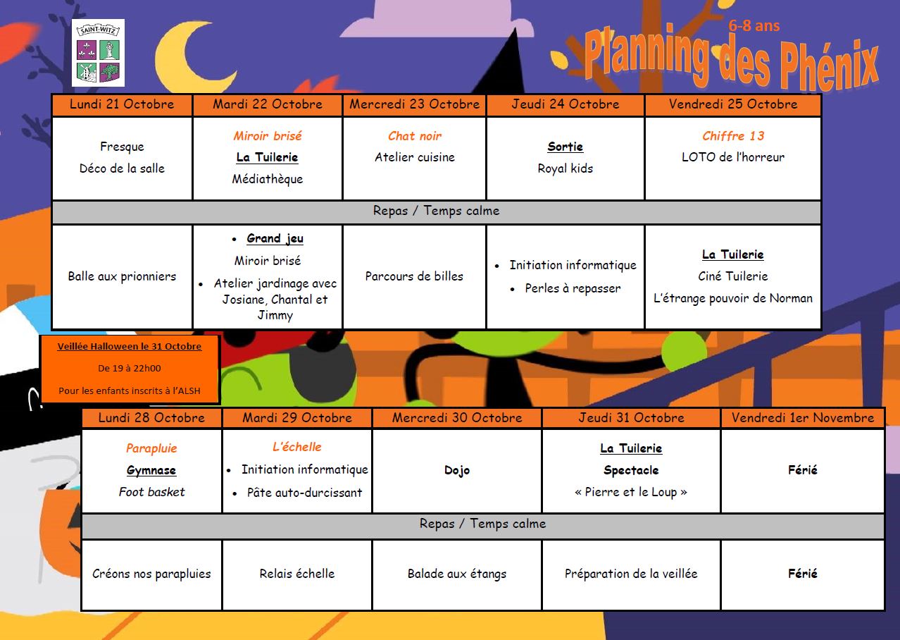 Planning des Phnix automne 19